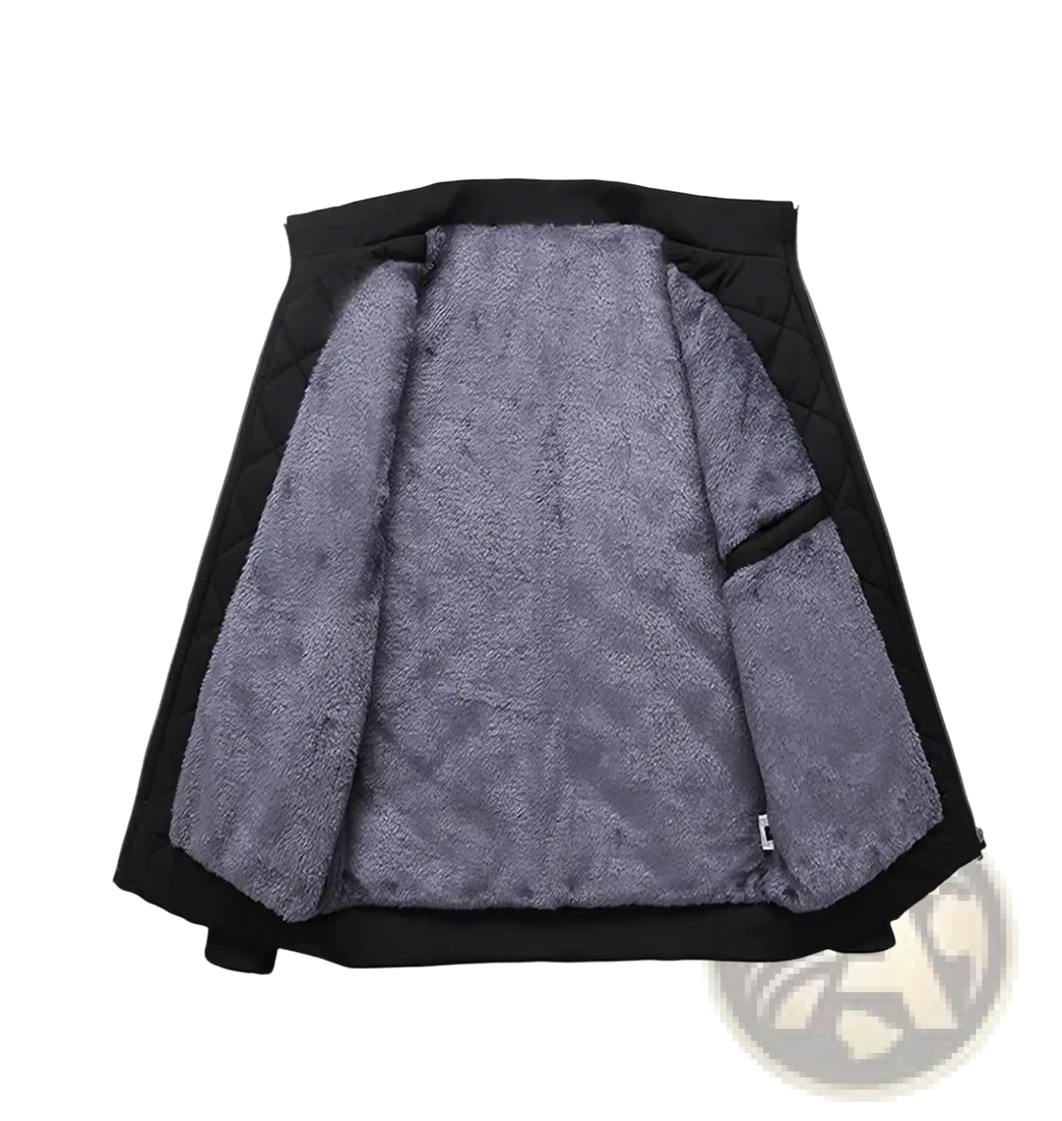 Men winter fleece bomber jacket in black quilted material with a plush gray fleece lining for cold weather use