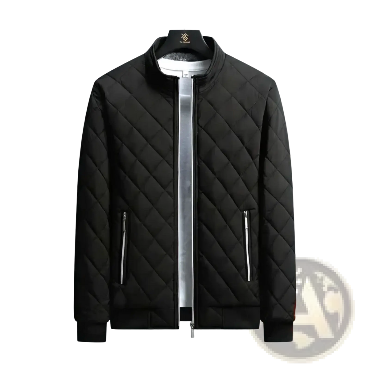 Men winter fleece bomber jacket in black quilted design with silver zippers white lining and btsukimi logo