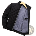 Men winter fleece bomber jacket in black quilted material with plush gray fleece lining and silver zipper accents