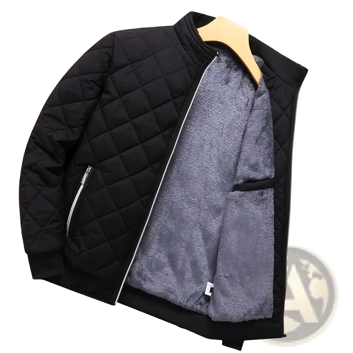 Men winter fleece bomber jacket in black quilted material with plush gray fleece lining and silver zipper accents