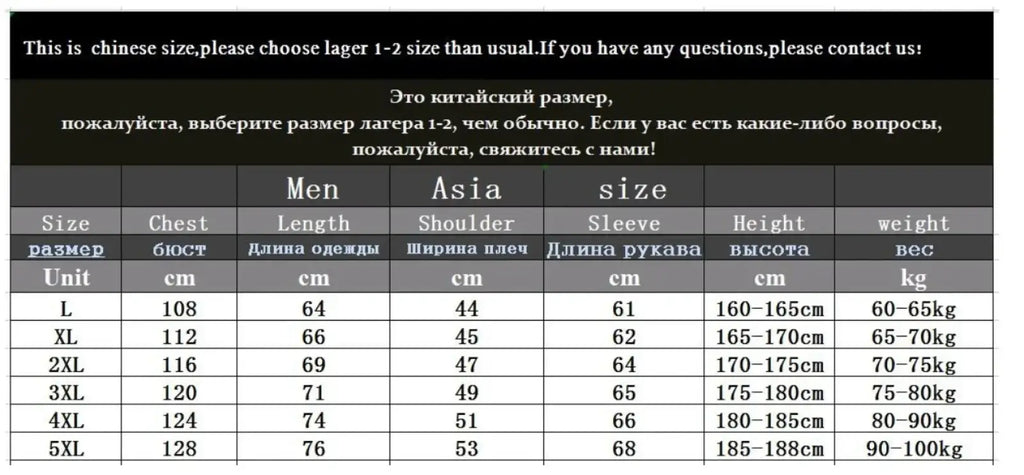 Size chart for men winter fleece bomber jacket showing asia and standard measurements in centimeters