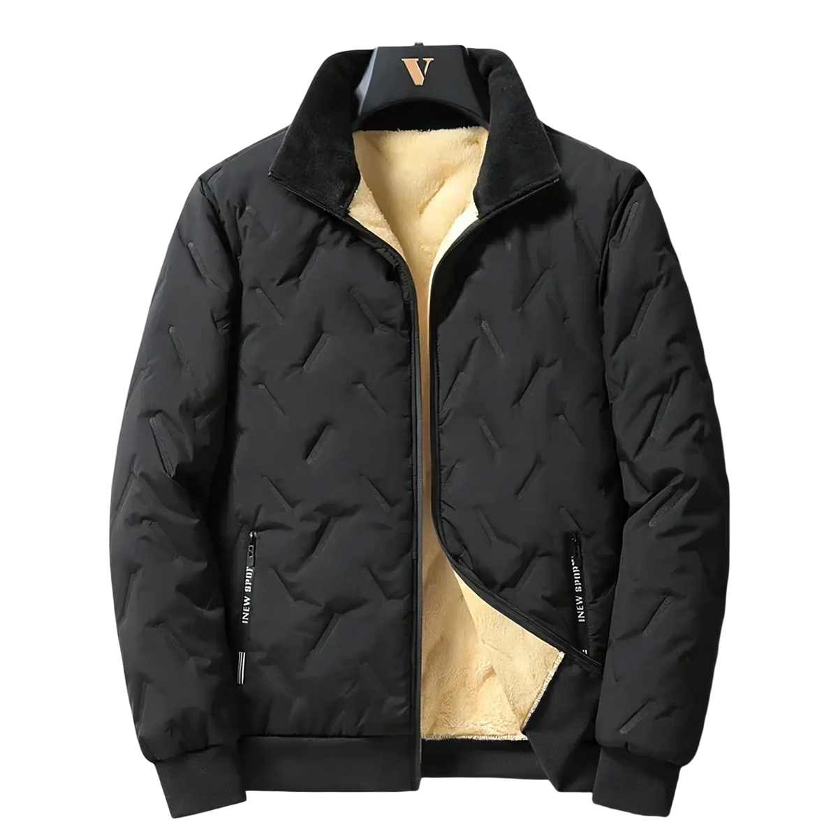 Men winter fleece lined quilted coat in black with plush tan fleece lining and ribbed cuffs for casual warmth
