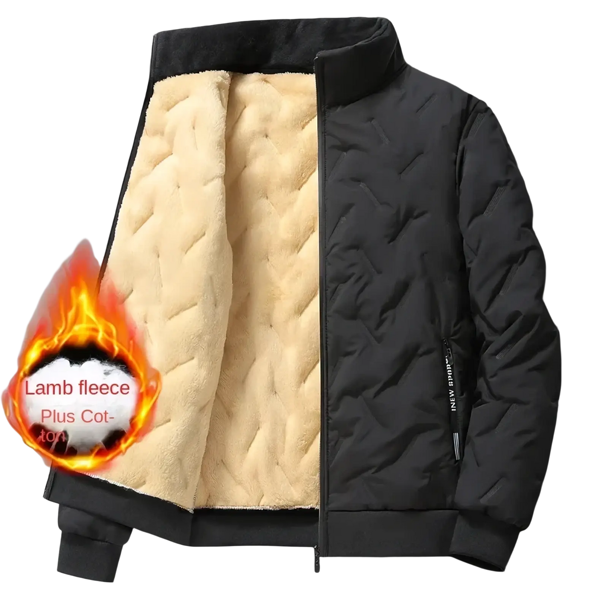Men winter fleece lined quilted coat in black with cream lamb fleece lining and cotton blend for warmth