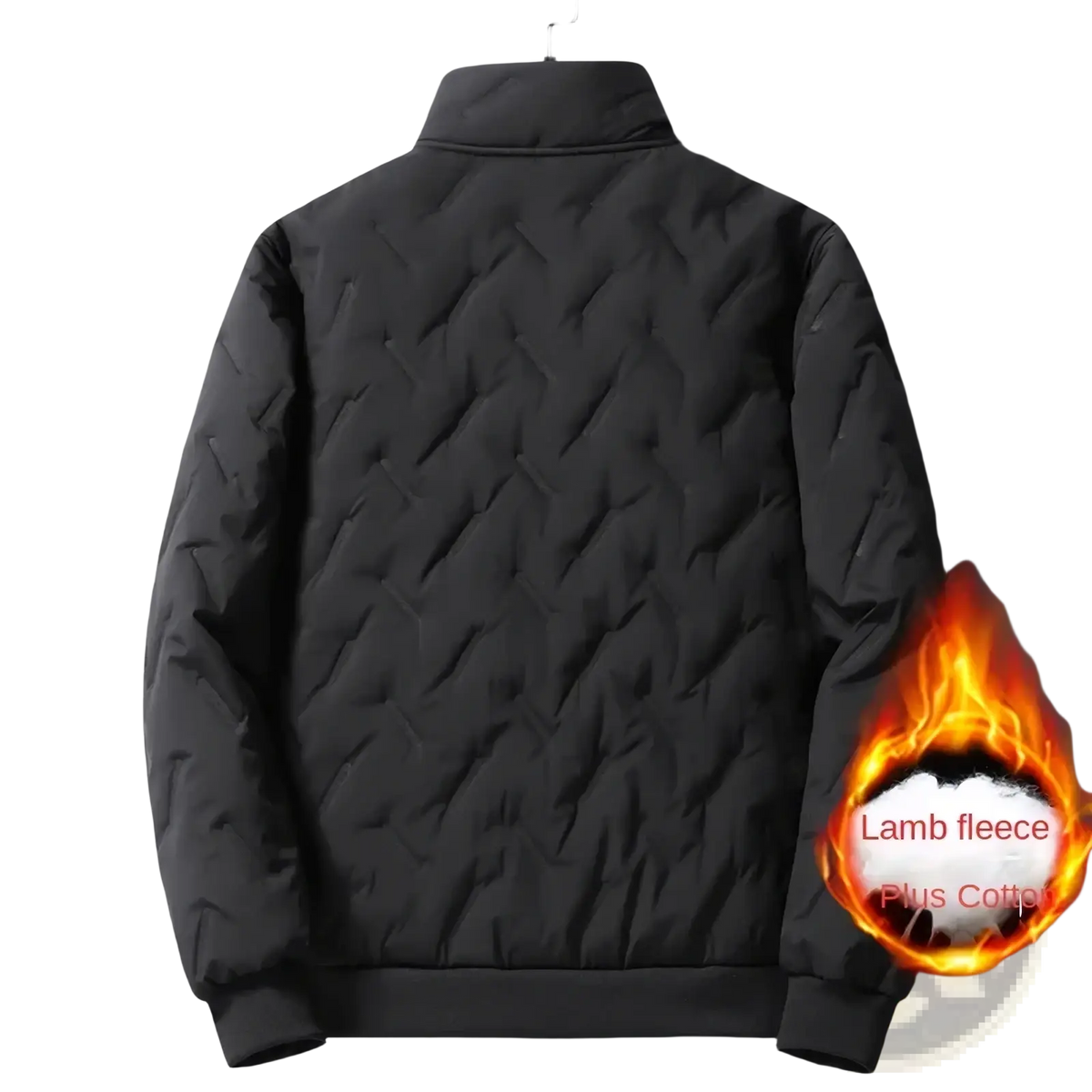 Men winter fleece lined quilted coat in black with lamb fleece lining high collar and diamond pattern stitching