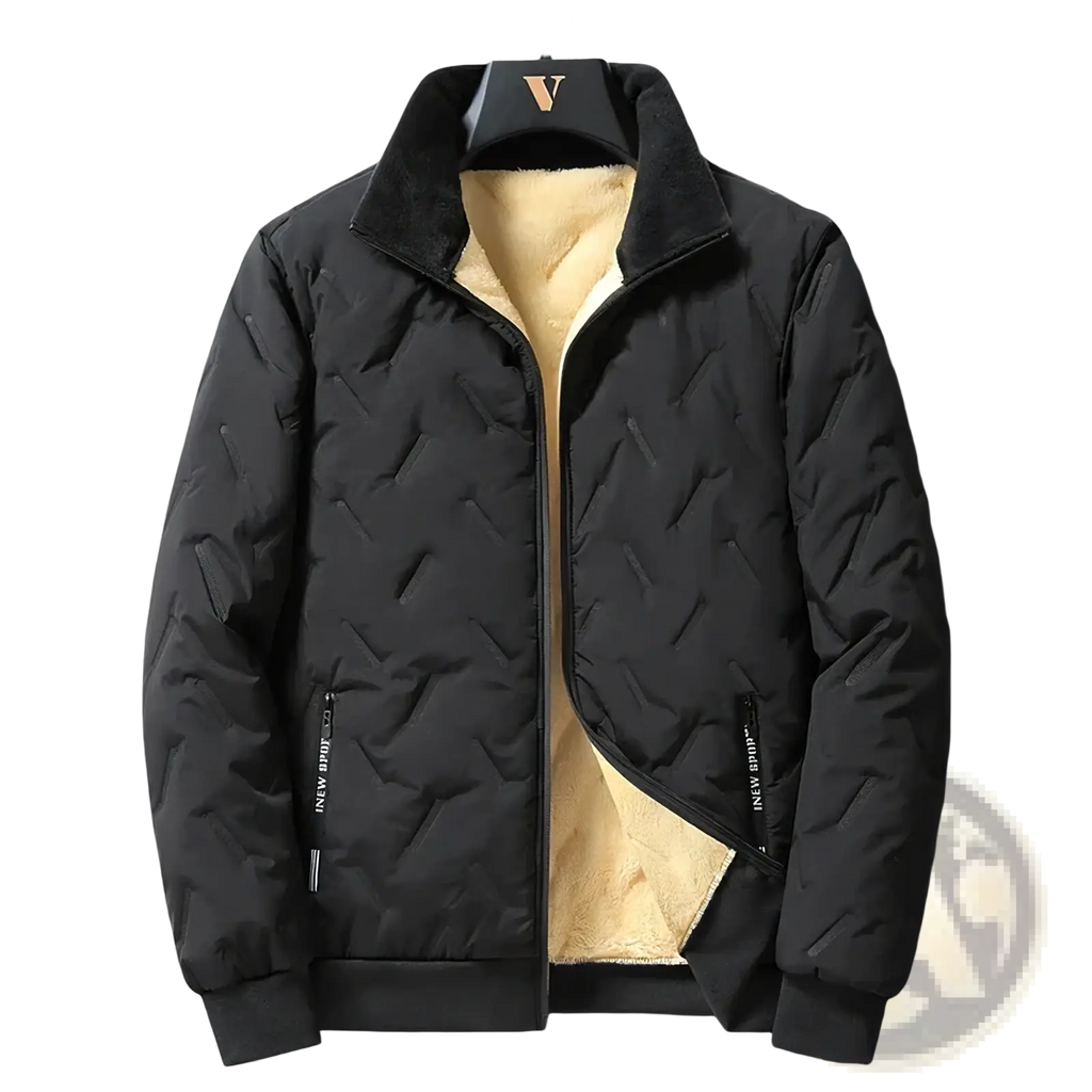 Men winter fleece lined quilted coat in black with plush tan fleece lining and ribbed cuffs for casual warmth