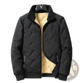 Men winter fleece lined quilted coat in black with plush tan fleece lining and ribbed cuffs for casual warmth