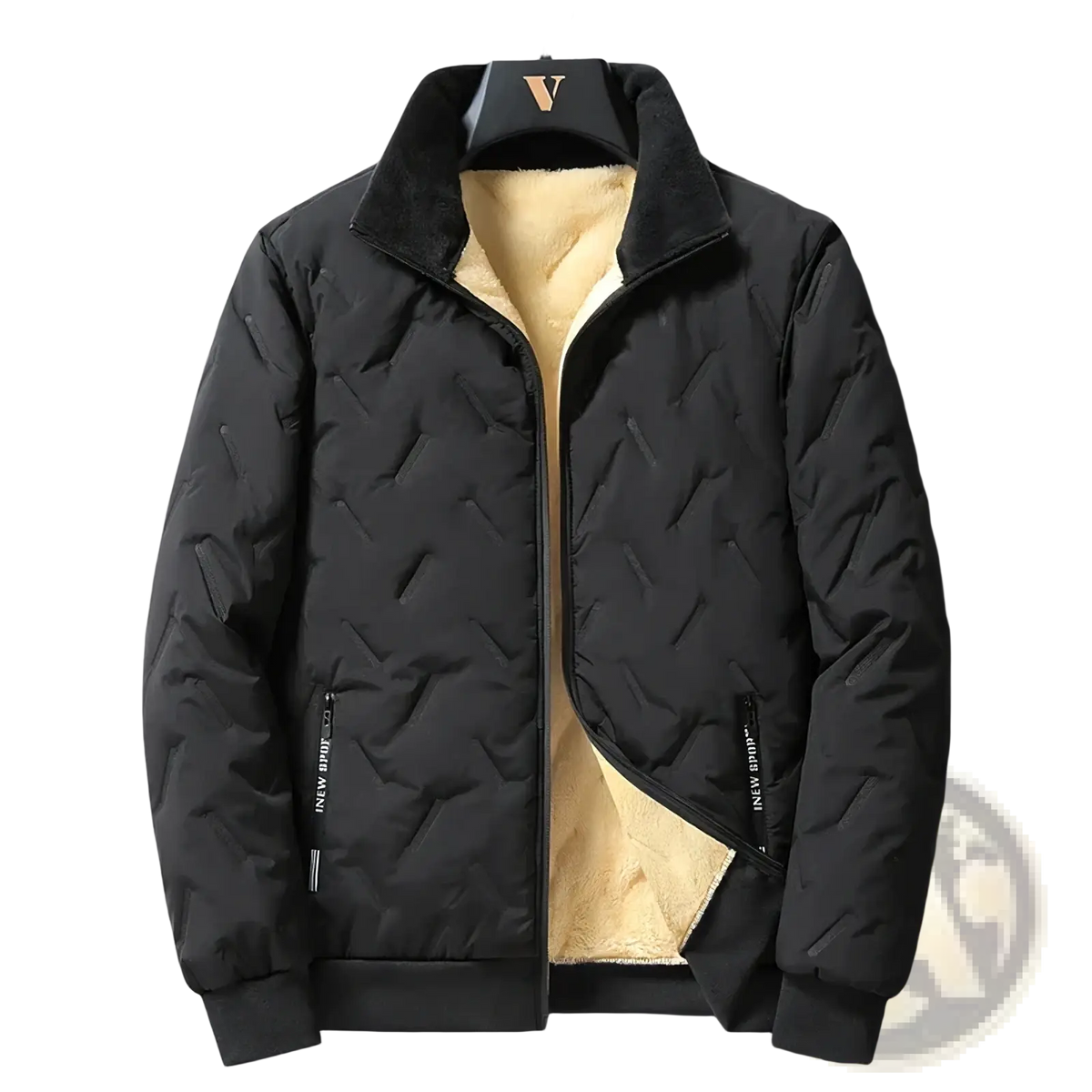 Men winter fleece lined quilted coat in black with plush tan fleece lining and ribbed cuffs for casual warmth