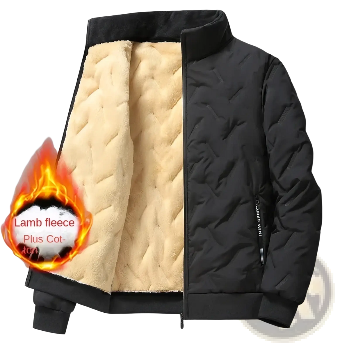 Men winter fleece lined quilted coat in black with cream lamb fleece lining and cotton blend for warmth