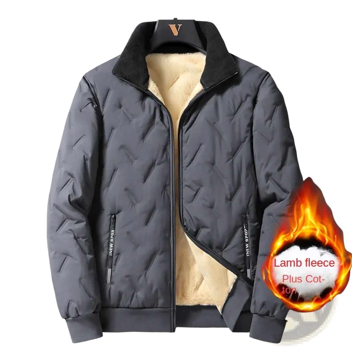 Men winter fleece lined quilted coat in dark gray with plush beige lamb fleece lining and vertical zipper pockets