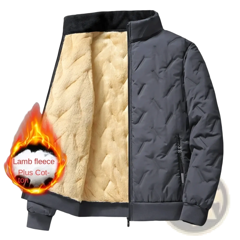 Men winter fleece lined quilted coat in dark gray with plush cream lamb fleece lining and cotton blend fabric
