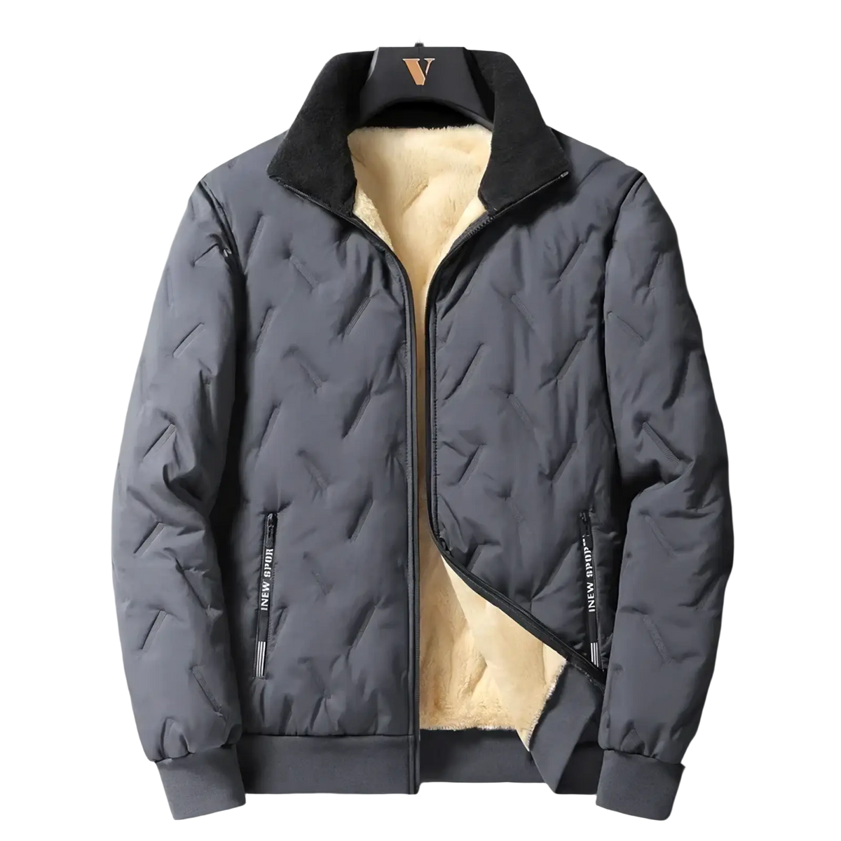 Dark gray quilted men winter fleece lined coat with plush beige lining and black ribbed cuffs for casual warmth