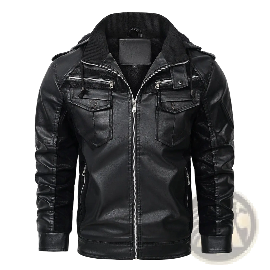 Men winter fleece pu leather hooded jacket in black with plush fleece-lined hood and two front chest pockets