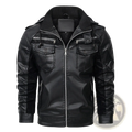 Men winter fleece pu leather hooded jacket in black with plush fleece-lined hood and two front chest pockets