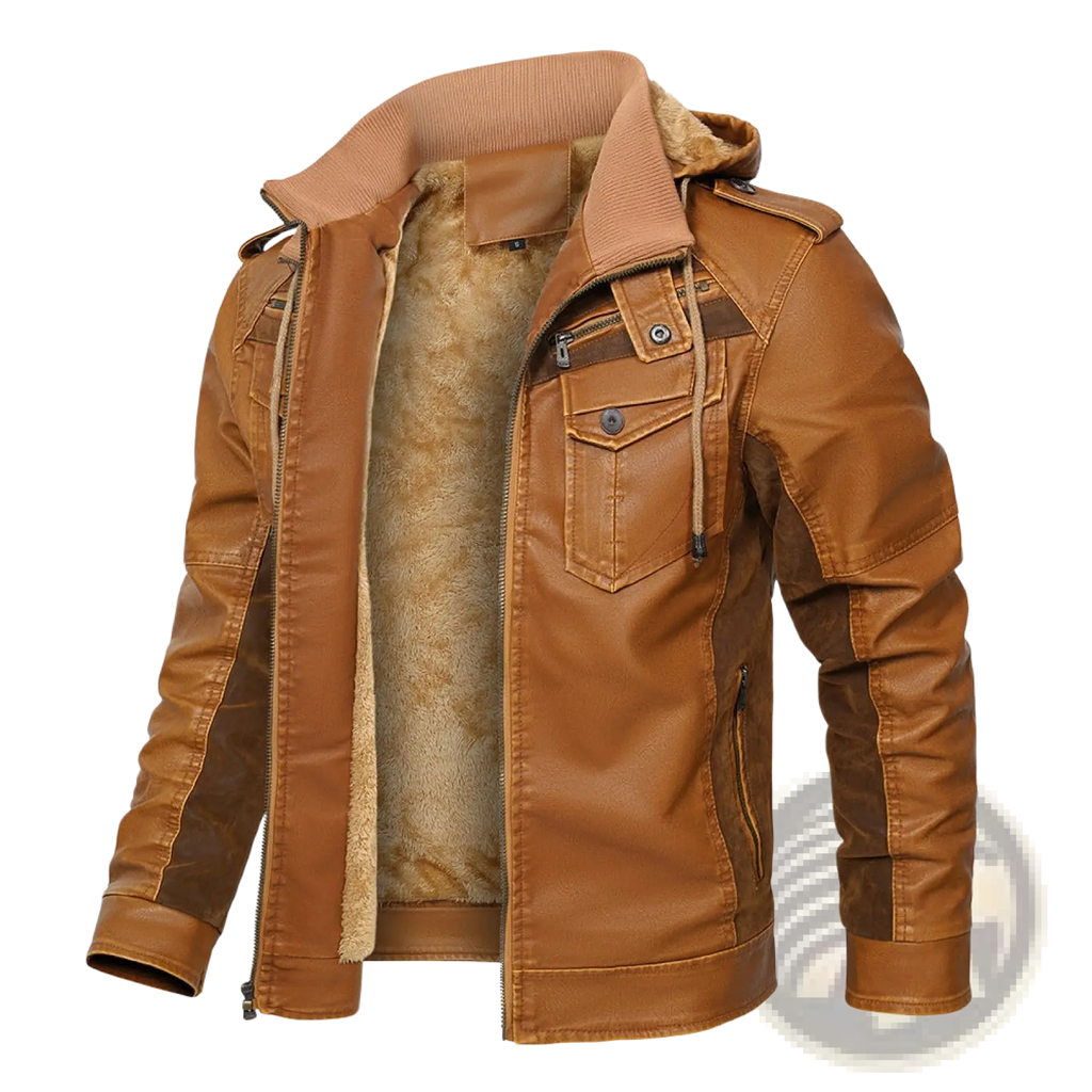 Men winter fleece PU leather hooded jacket in brown with plush tan lining and dark brown contrast panels