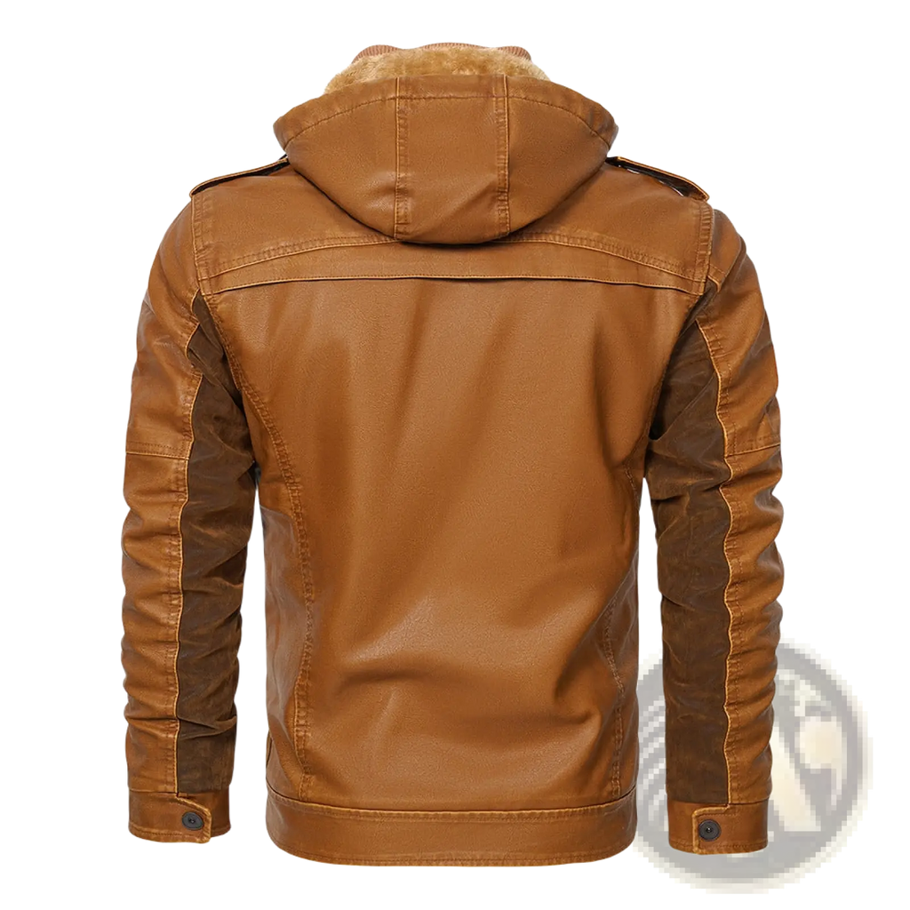 Men winter fleece pu leather hooded jacket in tan with dark brown panels and plush fur-lined hood for cold weather use