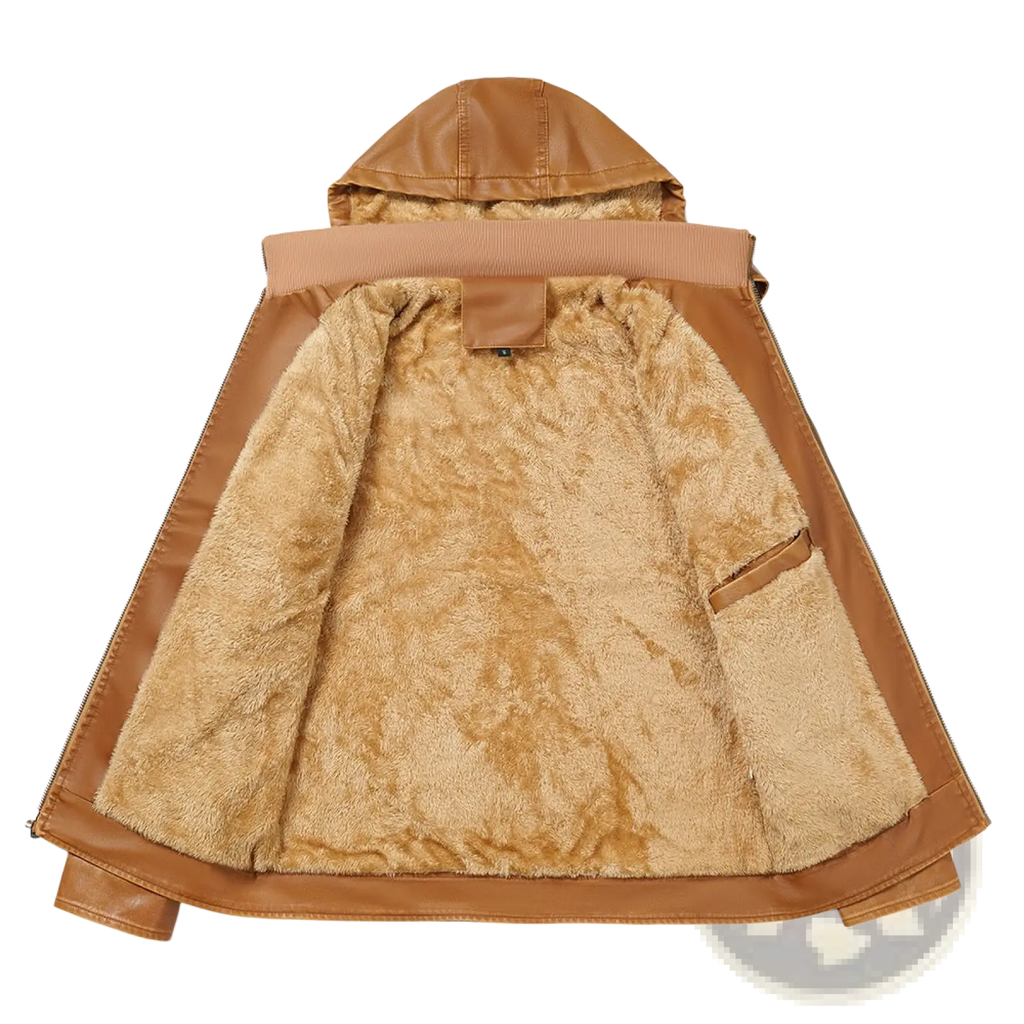 Men winter fleece pu leather hooded jacket in tan faux leather with plush light brown fleece lining and ribbed waistband
