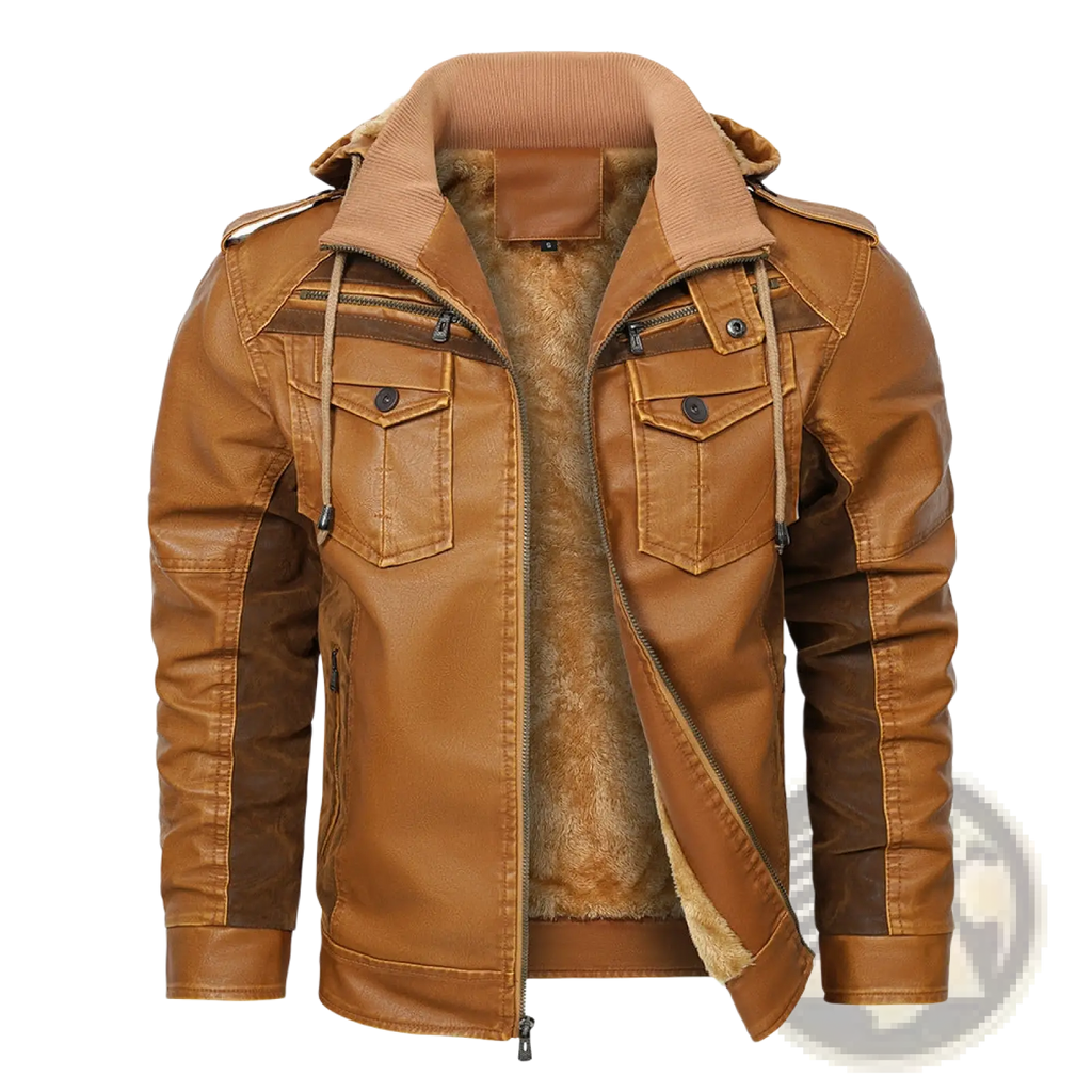 Men winter fleece pu leather hooded jacket in tan faux leather with brown accents and plush tan fleece lining