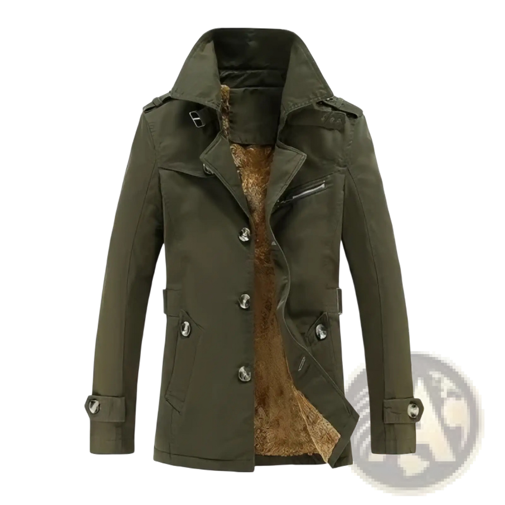 Men winter fleece trench coat in olive green with plush brown fur lining and buttoned cuffs windbreaker jacket