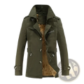 Men winter fleece trench coat in olive green with plush brown fur lining and buttoned cuffs windbreaker jacket