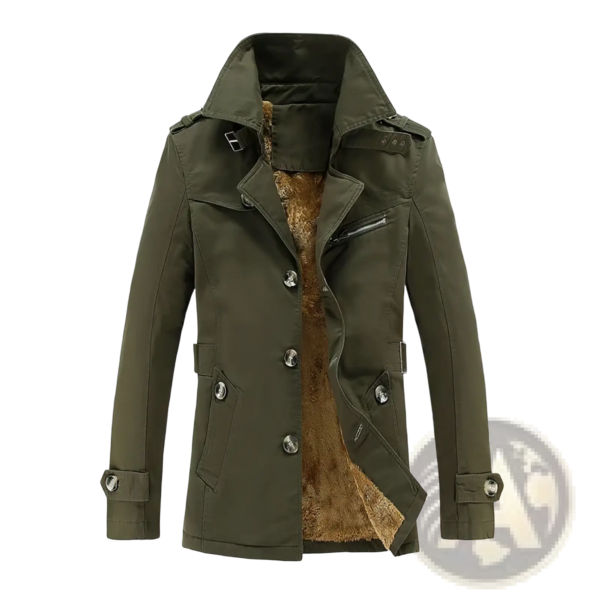Olive green men winter fleece trench coat with plush brown lining and silver toned buttons for cold weather wear