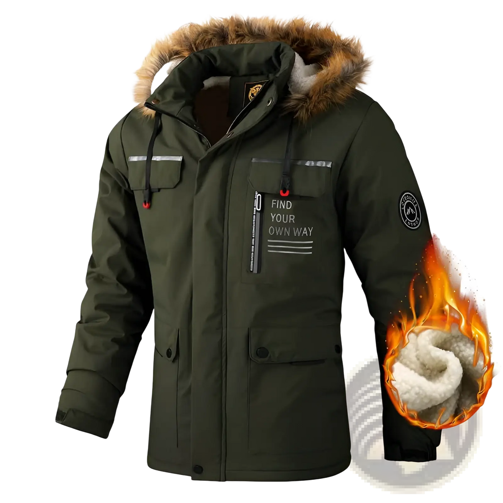 Men winter hooded parka coat in olive green with fur-lined hood, multiple pockets, and reflective chest and sleeve stripes
