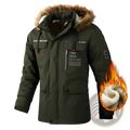 Men winter hooded parka coat in olive green with fur-lined hood, multiple pockets, and reflective chest and sleeve stripes