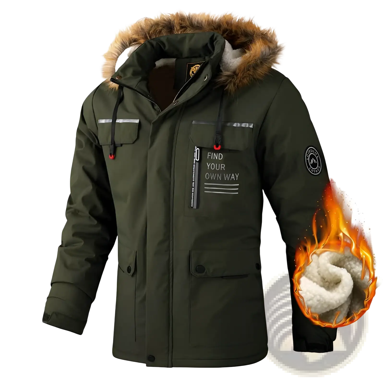 Men winter hooded parka coat in olive green with fur-lined hood, multiple pockets, and reflective chest and sleeve stripes