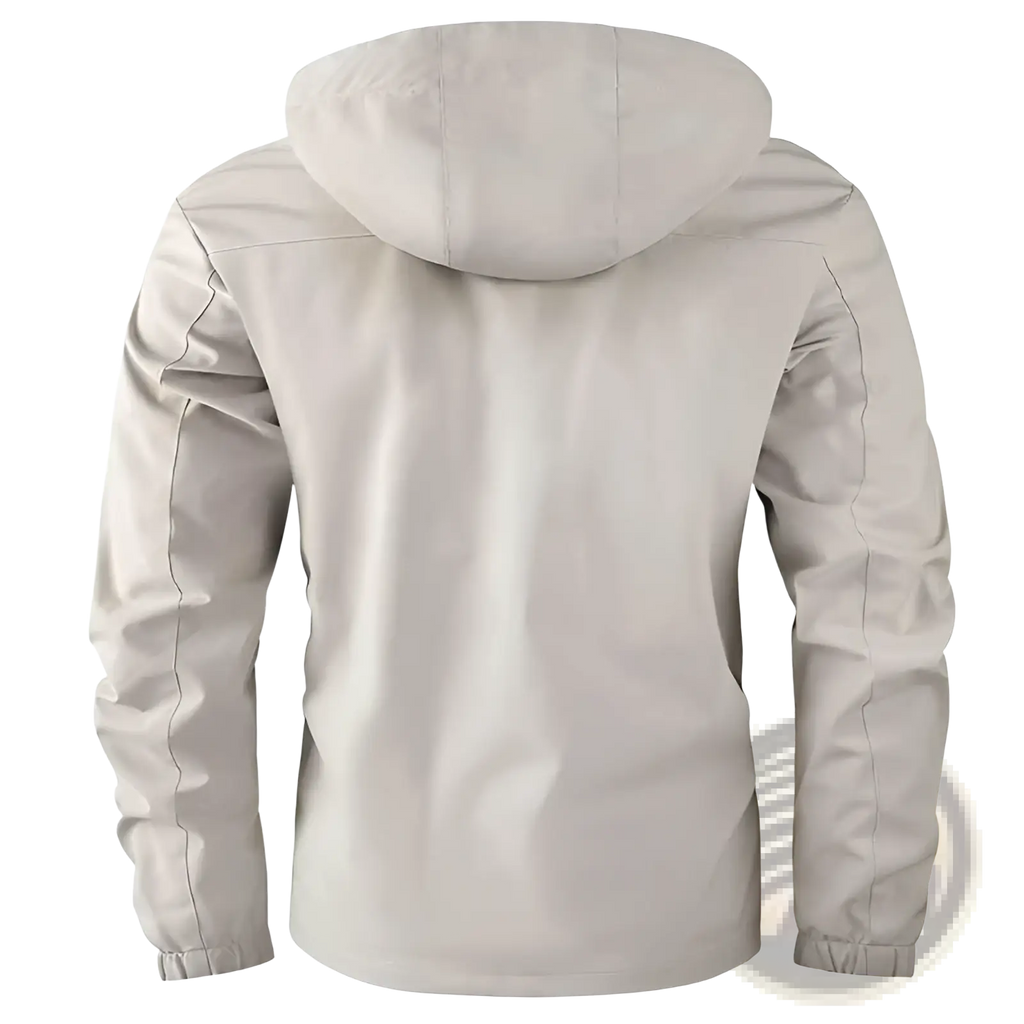 Light gray men winter hooded parka coat made of smooth water-resistant fabric with elastic cuffs for cold weather