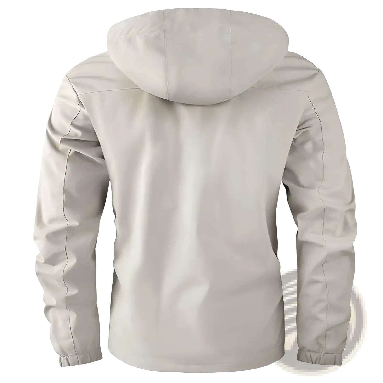 Light gray men winter hooded parka coat made of smooth water-resistant fabric with elastic cuffs for cold weather