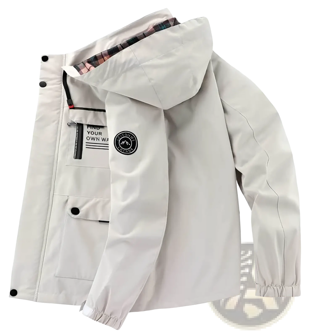 Men winter hooded parka coat in light gray waterproof fabric with plaid-lined hood and black button accents