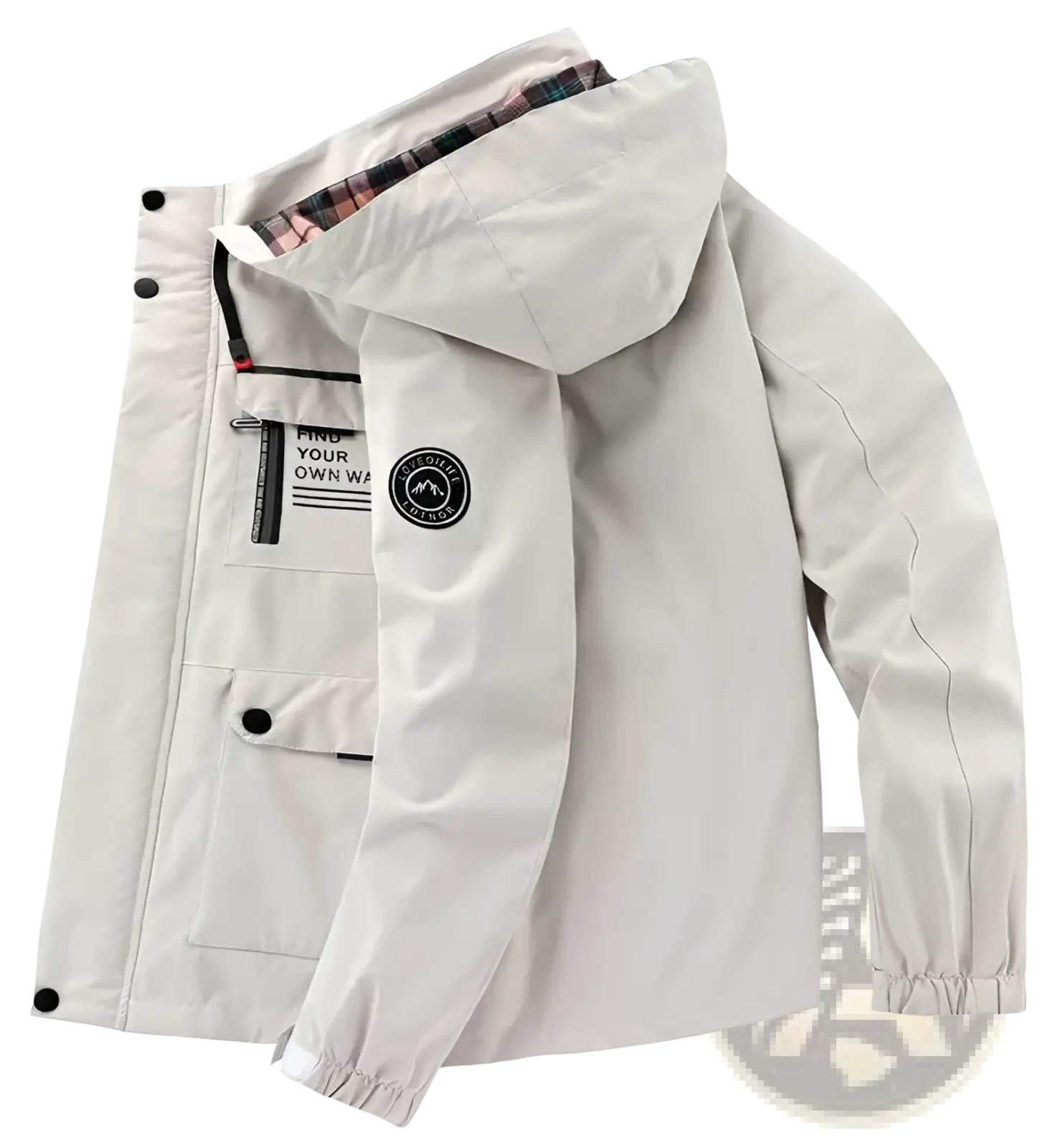 Men winter hooded parka coat in light gray waterproof fabric with plaid-lined hood and black button accents