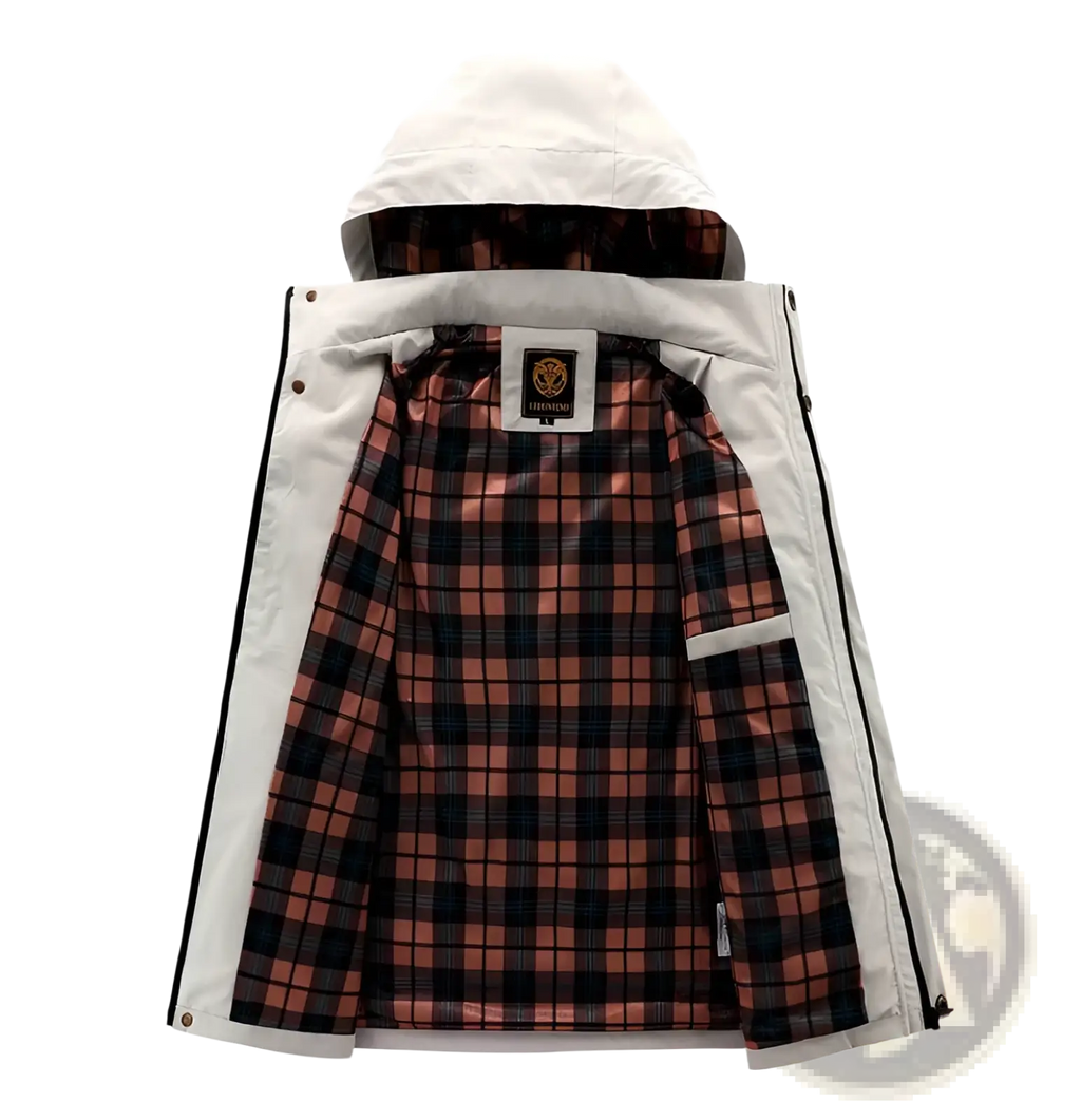 Men winter hooded parka coat in white with a red and black plaid interior lining for cold weather protection