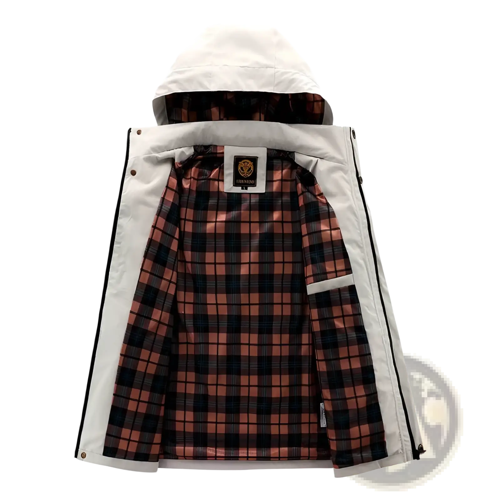 Men winter hooded parka coat in white with a red and black plaid interior lining for cold weather protection