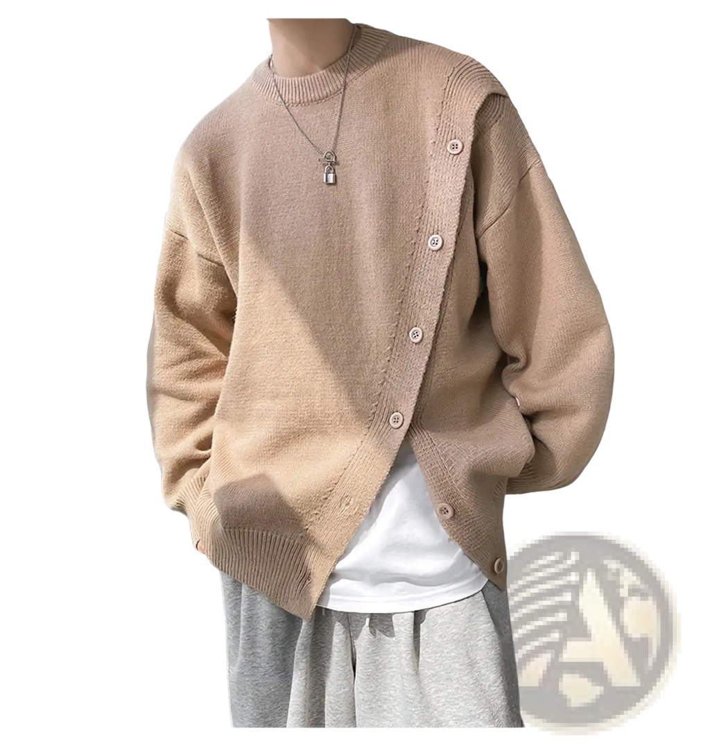 Beige men winter knitted cardigan pullover sweater with button closure and ribbed cuffs in knit material