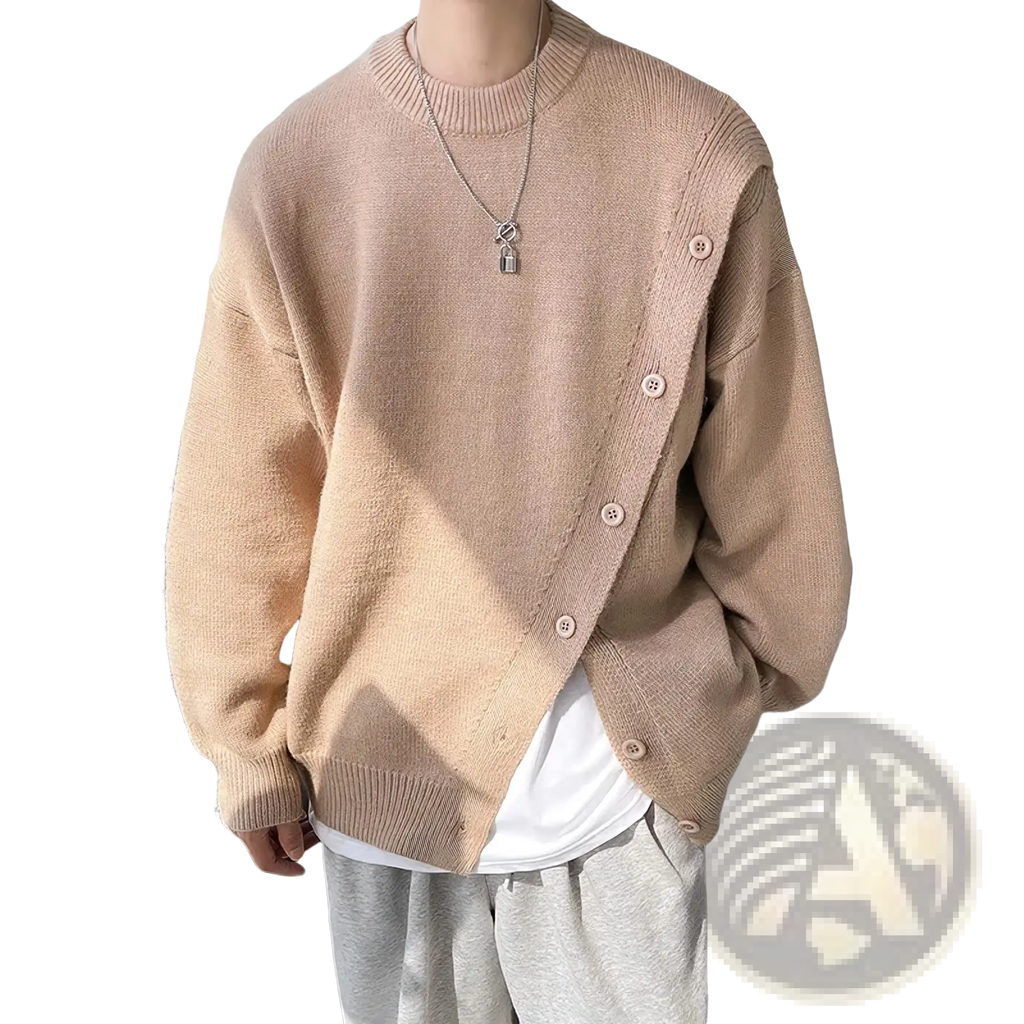 Beige knitted men winter cardigan pullover sweater with slanted front and matching buttons for cold weather wear