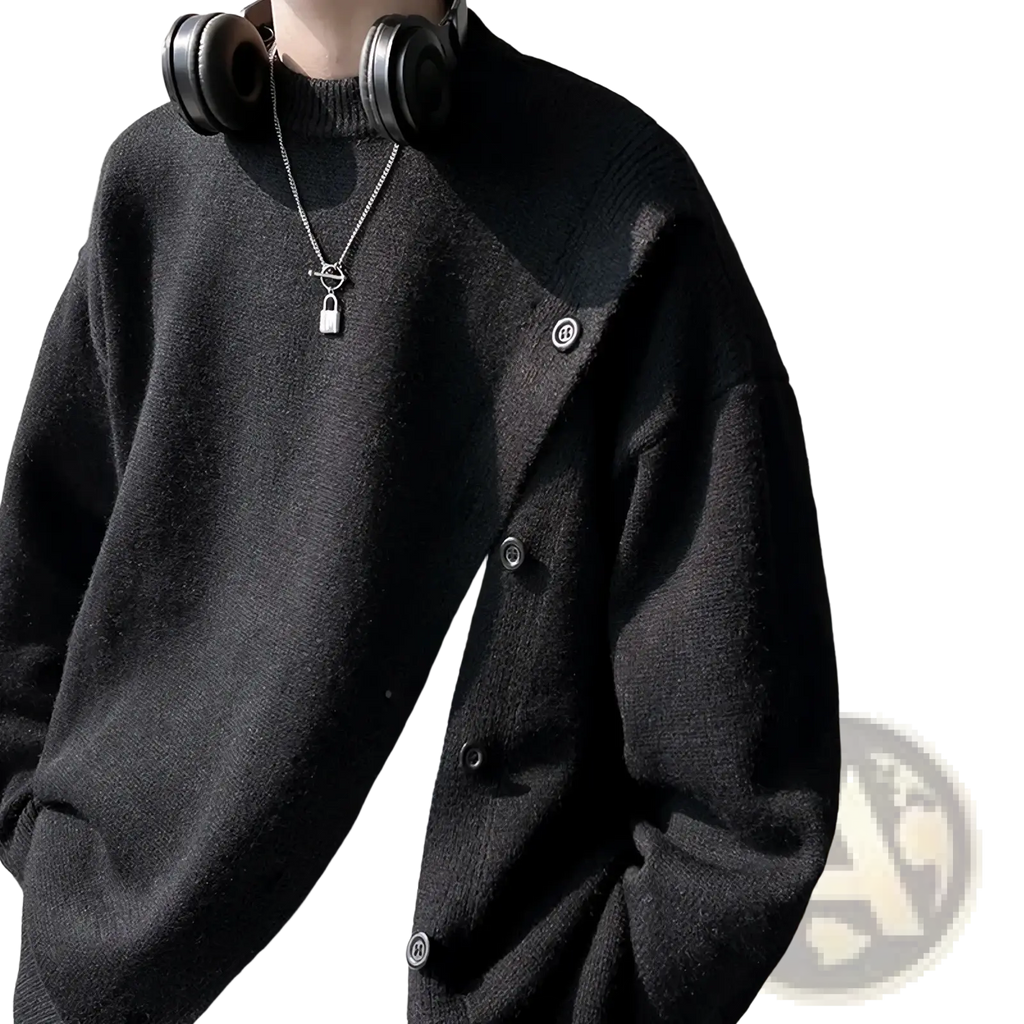 Black men winter knitted cardigan pullover sweater with button closures and textured knit weave for cold weather
