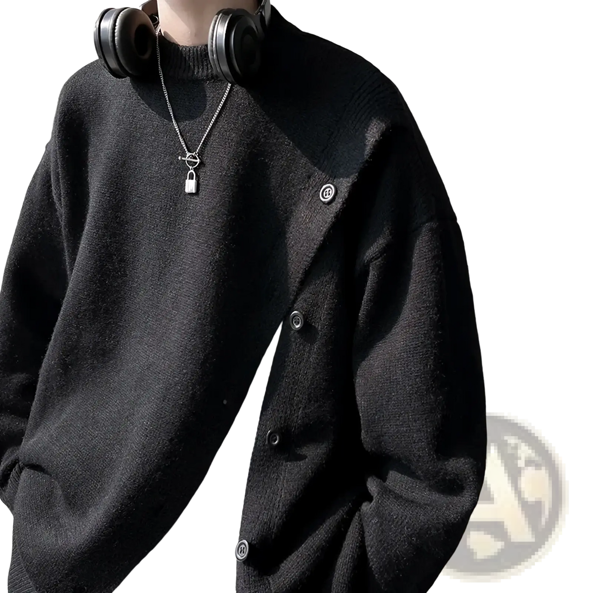 Black men winter knitted cardigan pullover sweater with button closures and textured knit weave for cold weather