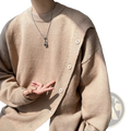 Beige knit men’s winter cardigan pullover sweater with ribbed crew neck and off-white buttons in knitted fabric