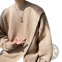 Beige knit men’s winter cardigan pullover sweater with ribbed crew neck and off-white buttons in knitted fabric