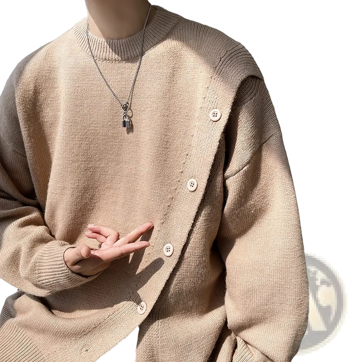 Beige knit men’s winter cardigan pullover sweater with ribbed crew neck and off-white buttons in knitted fabric
