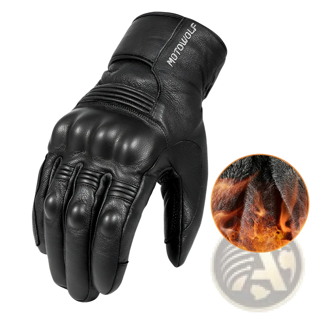Black leather men winter motorcycle glove with reinforced knuckle padding and warm fleece lined interior back view
