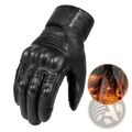 Black leather men winter motorcycle glove with reinforced knuckle padding and warm fleece lined interior back view