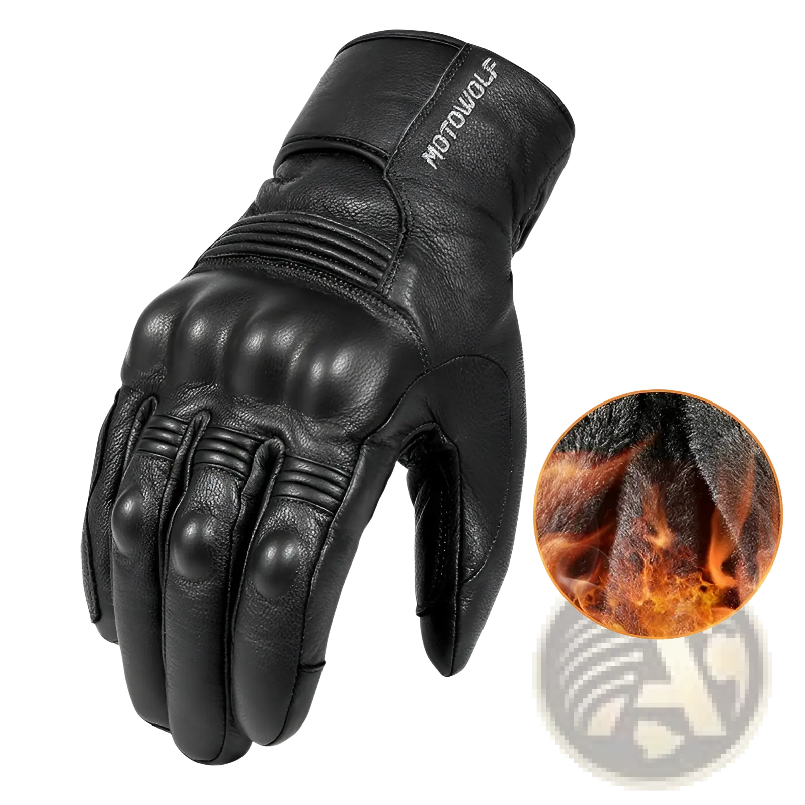 Black leather men winter motorcycle glove with reinforced knuckle padding and warm fleece lined interior back view