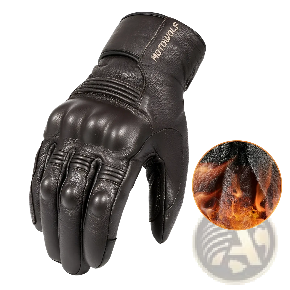 Men winter black leather motorcycle glove back side with reinforced knuckle padding and motowolf brand logo on wrist