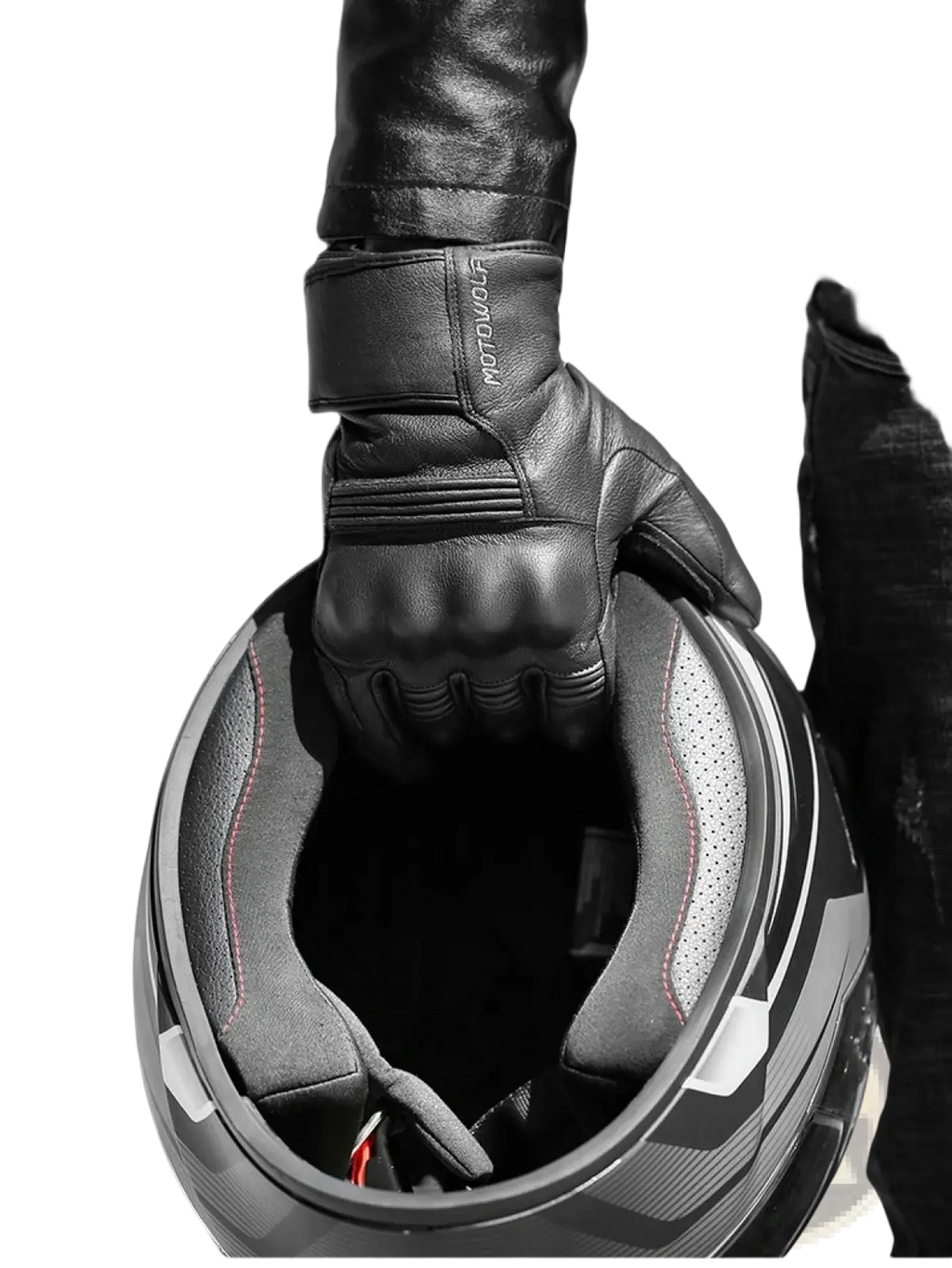 Black leather men winter motorcycle glove with reinforced knuckles and motoguru label gripping a helmet