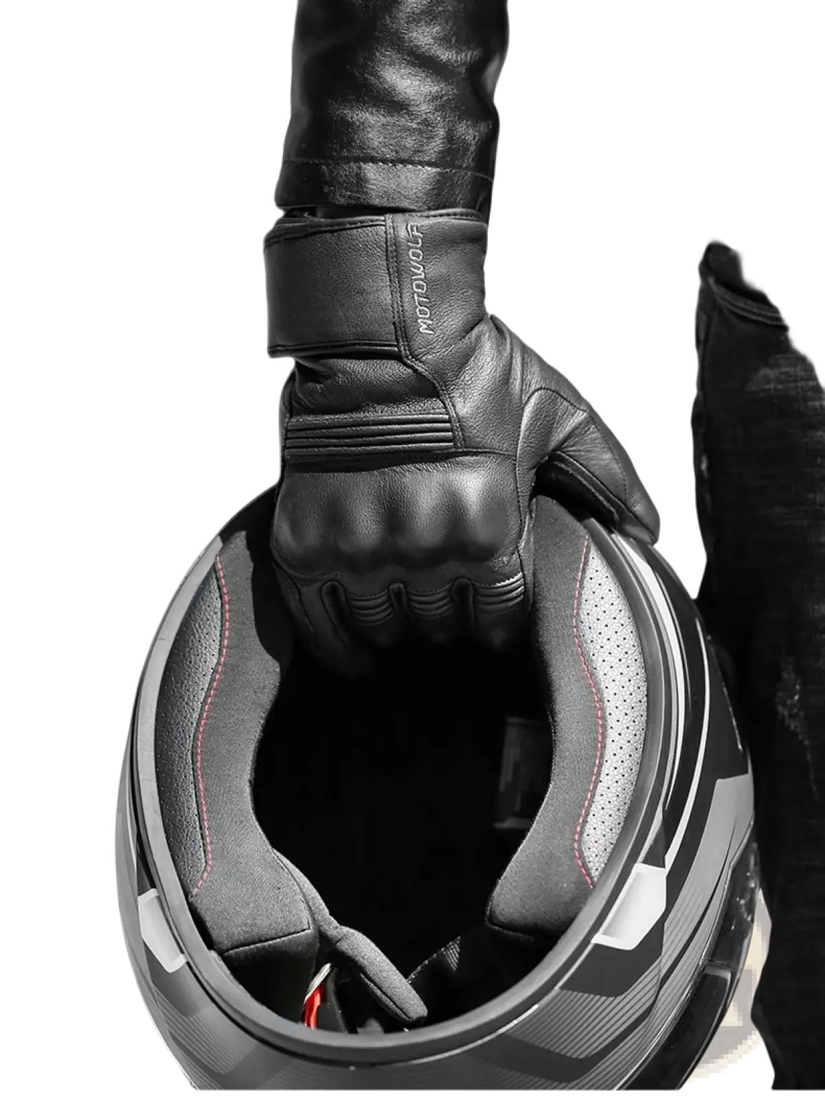 Black leather men winter motorcycle glove with reinforced knuckles and motoguru label gripping a helmet