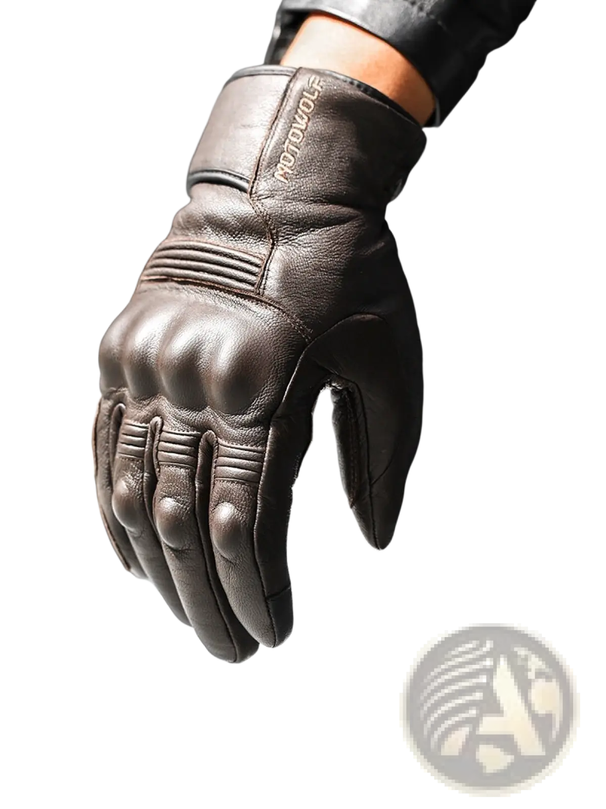 Back side of men winter leather motorcycle glove in black with reinforced padding and subtle motowolf logo on wrist