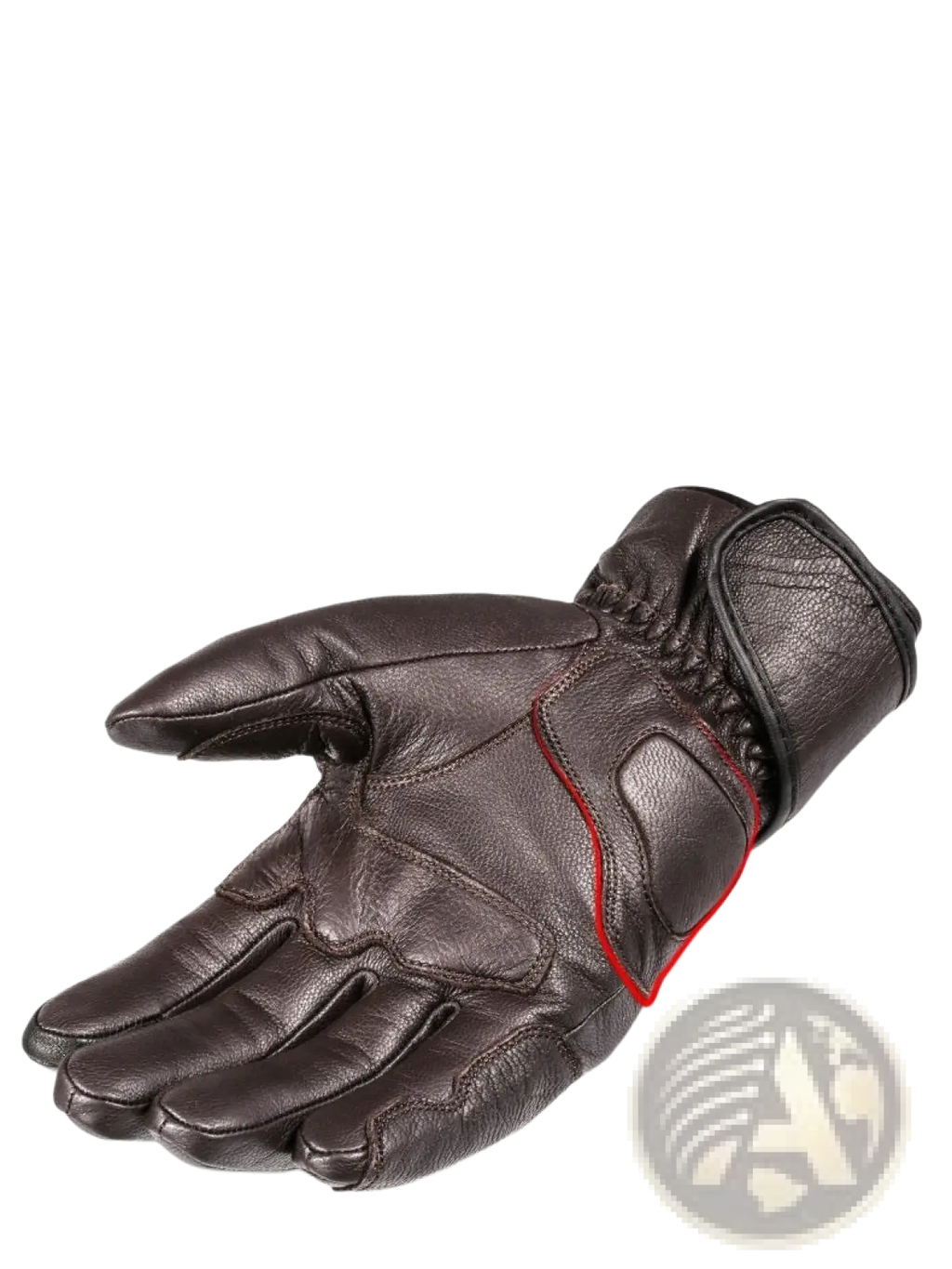Men winter leather motorcycle glove in dark brown with red stitching along the palm and wrist strap shown from back side