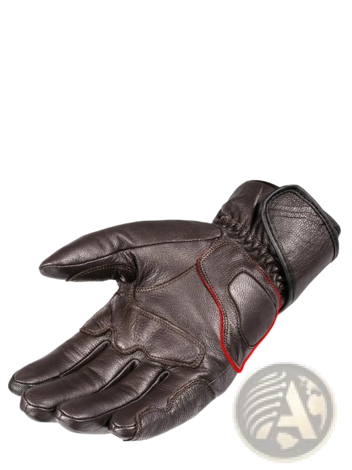 Men winter leather motorcycle glove in dark brown with red stitching along the palm and wrist strap shown from back side