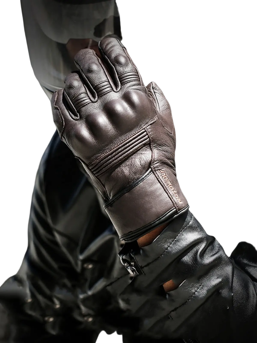 Dark brown leather men winter motorcycle glove back side with reinforced knuckle padding and stitched detailing